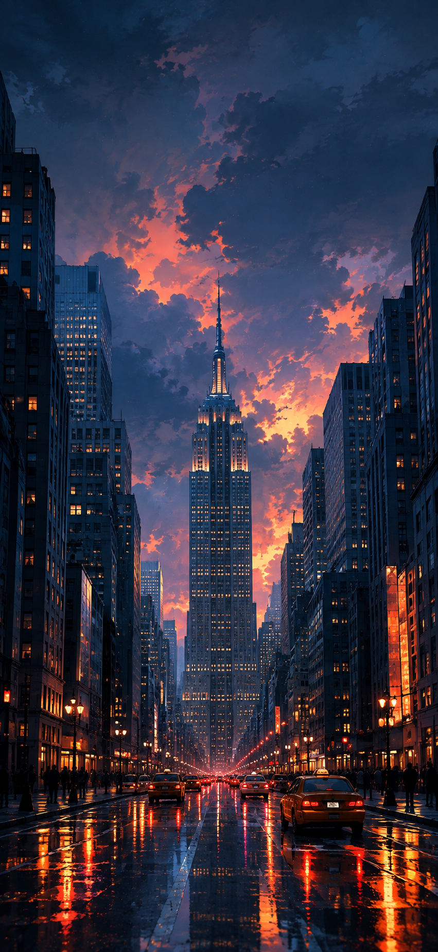 Cinematic rainy downtown cityscape with an Art Deco skyscraper, dramatic dusk clouds, glowing windows, and wet street reflections.