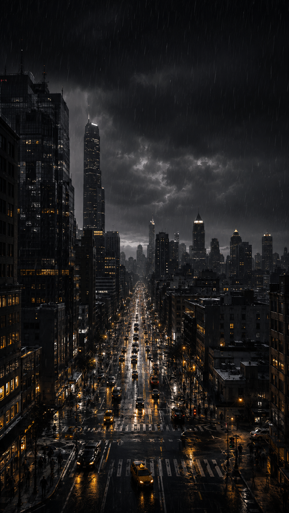 Vertical dark city wallpaper with heavy rain, tall buildings, wet streets, traffic, storm clouds, and selective amber-yellow lights.