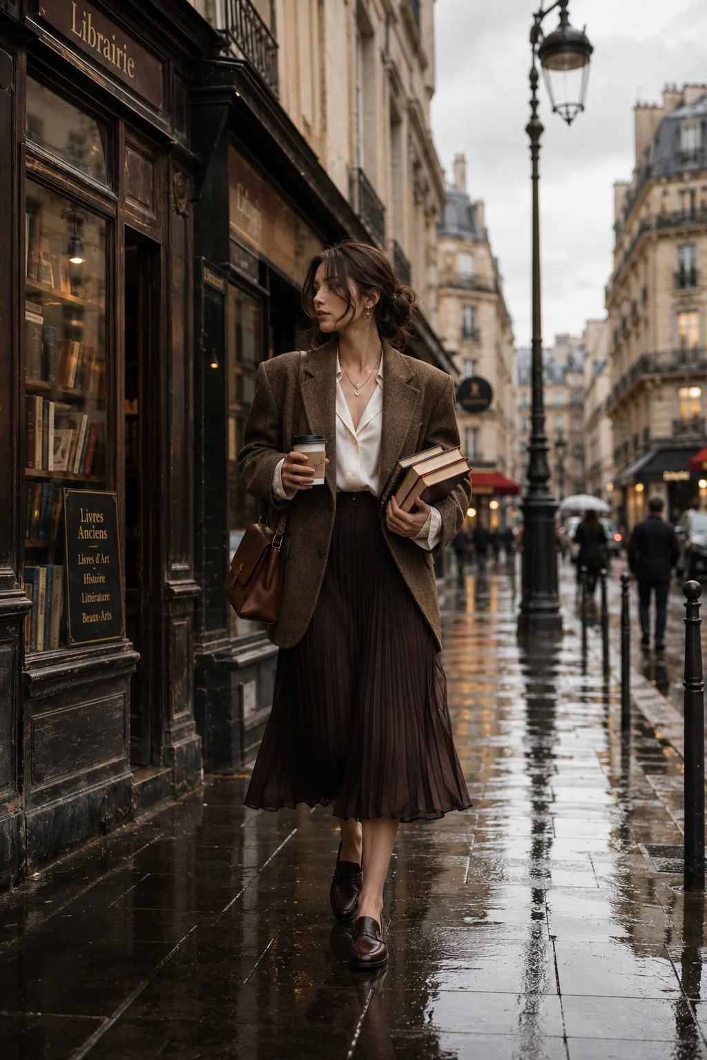 Fashion subject walking past a historic bookstore while carrying books and coffee on a rainy street.