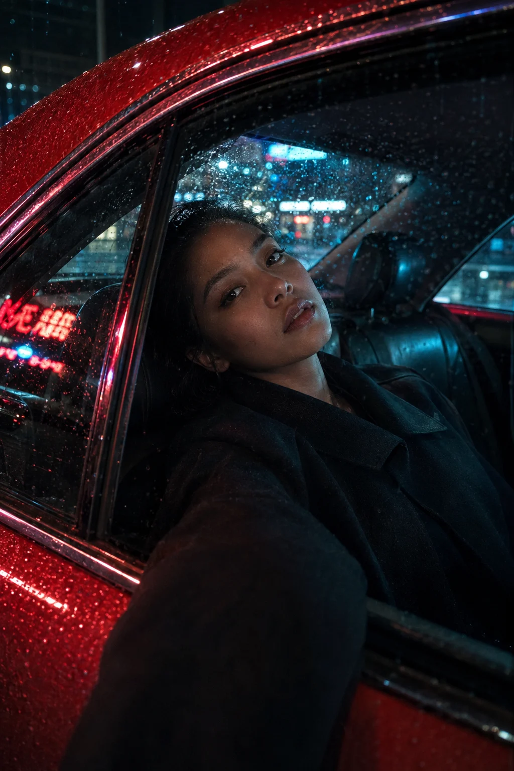 Night fashion portrait of a woman in a dark coat inside a red car, viewed through wet glass with muted neon reflections.