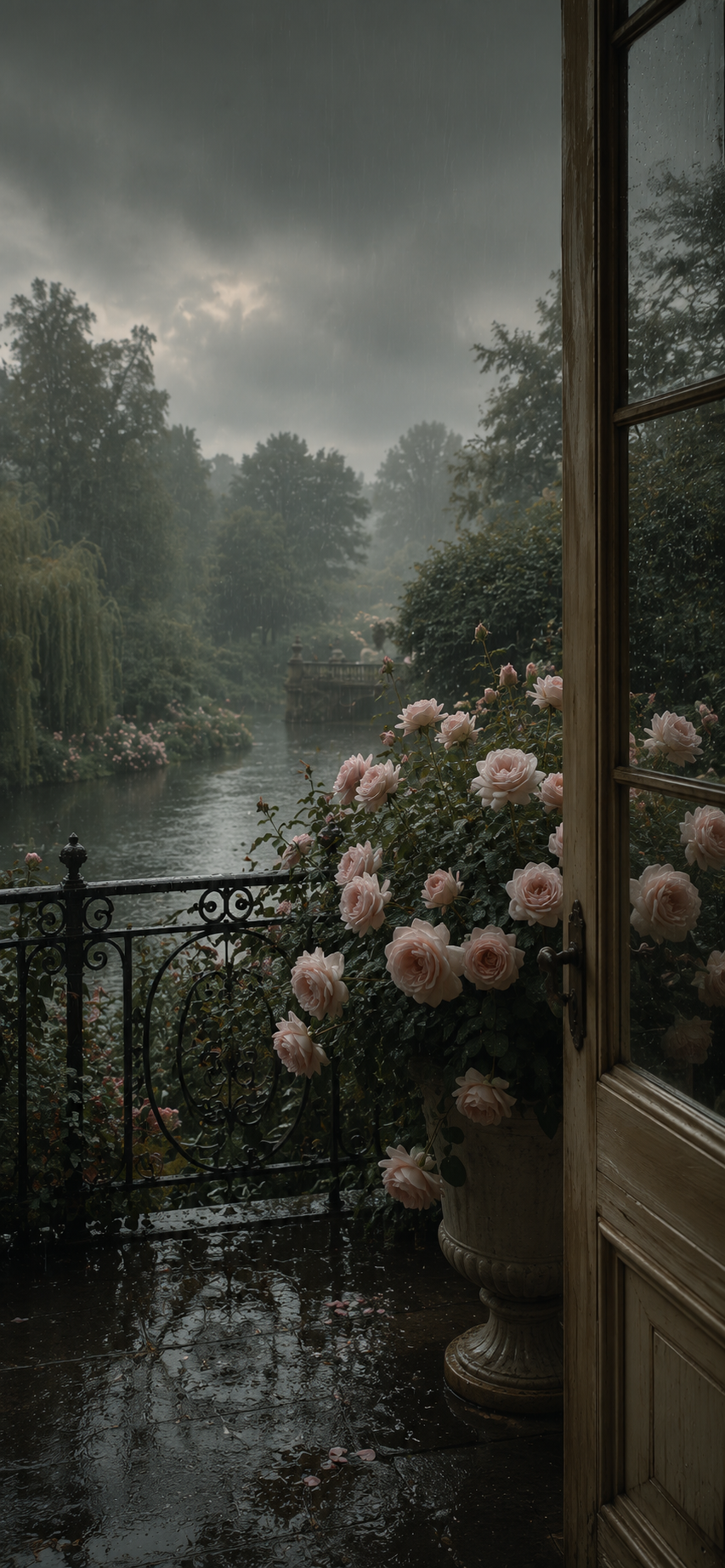 Romantic rainy garden terrace with pale pink roses, open doorway, wrought-iron railing, wet stone floor, and misty river landscape.