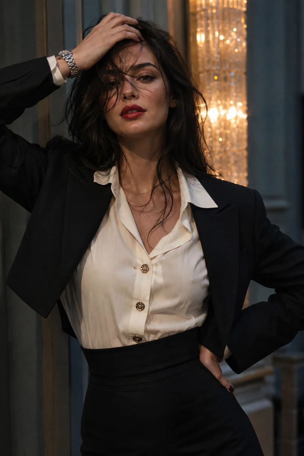 Cinematic tailoring portrait with black blazer, cream shirt, raised hand, tousled hair, and warm bokeh.