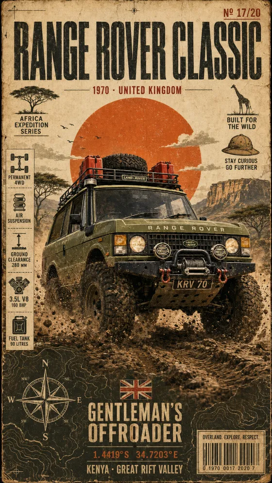 Heritage automotive poster showing a classic olive-green Range Rover crossing dusty savanna terrain with expedition graphics and a large orange sun.