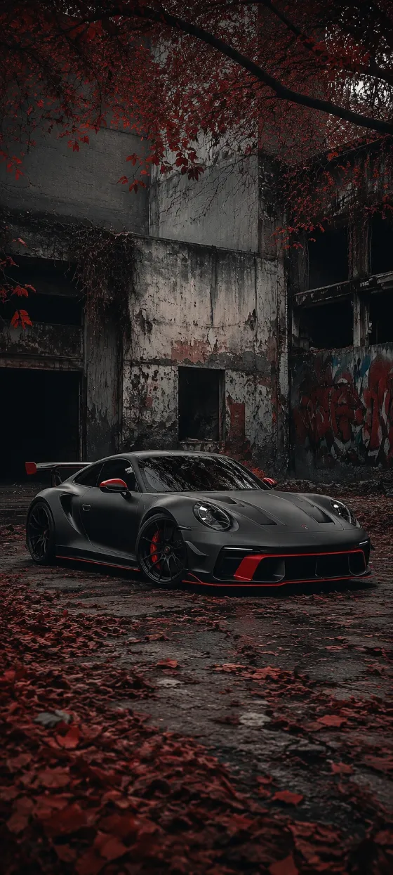 Matte gray sports car with red accents parked in an abandoned courtyard with red autumn leaves and cracked concrete walls.