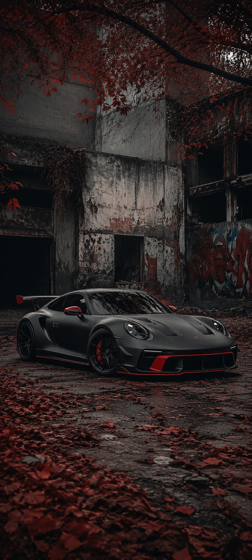 Matte gray sports car with red accents parked in an abandoned courtyard with red autumn leaves and cracked concrete walls.