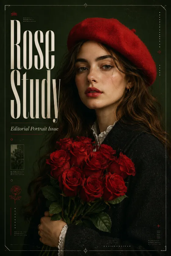 Romantic editorial poster design with a red beret portrait, red rose bouquet, dark coat, deep green background, and bold magazine typography.