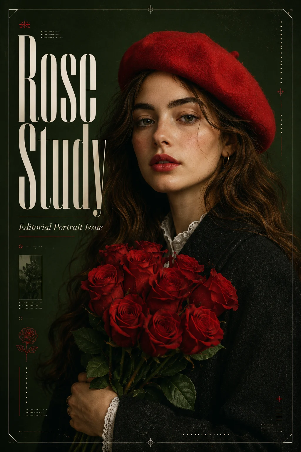Romantic editorial poster design with a red beret portrait, red rose bouquet, dark coat, deep green background, and bold magazine typography.