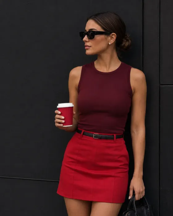 Fashion subject in red mini skirt and burgundy top with coffee cup against matte black wall.