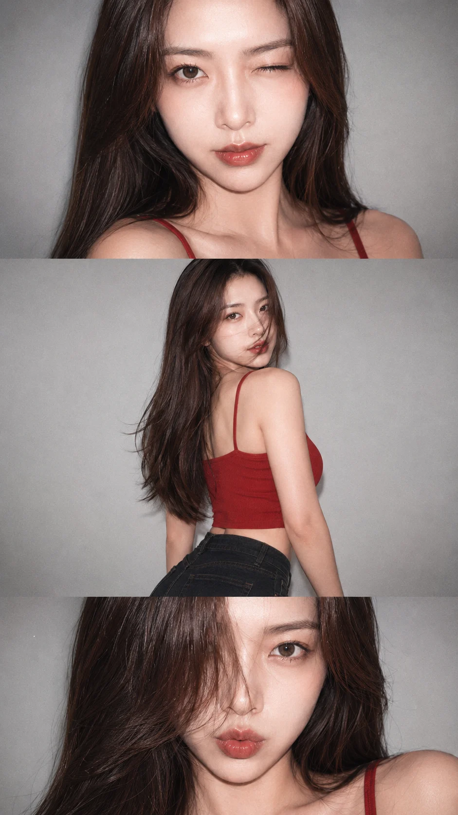 Young woman in a red camisole poses in a three-frame studio portrait collage against a gray backdrop.