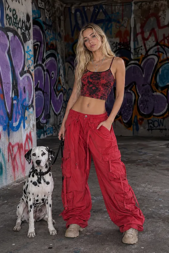 Full-body streetwear fashion portrait with red cargo pants, patterned crop top, and Dalmatian