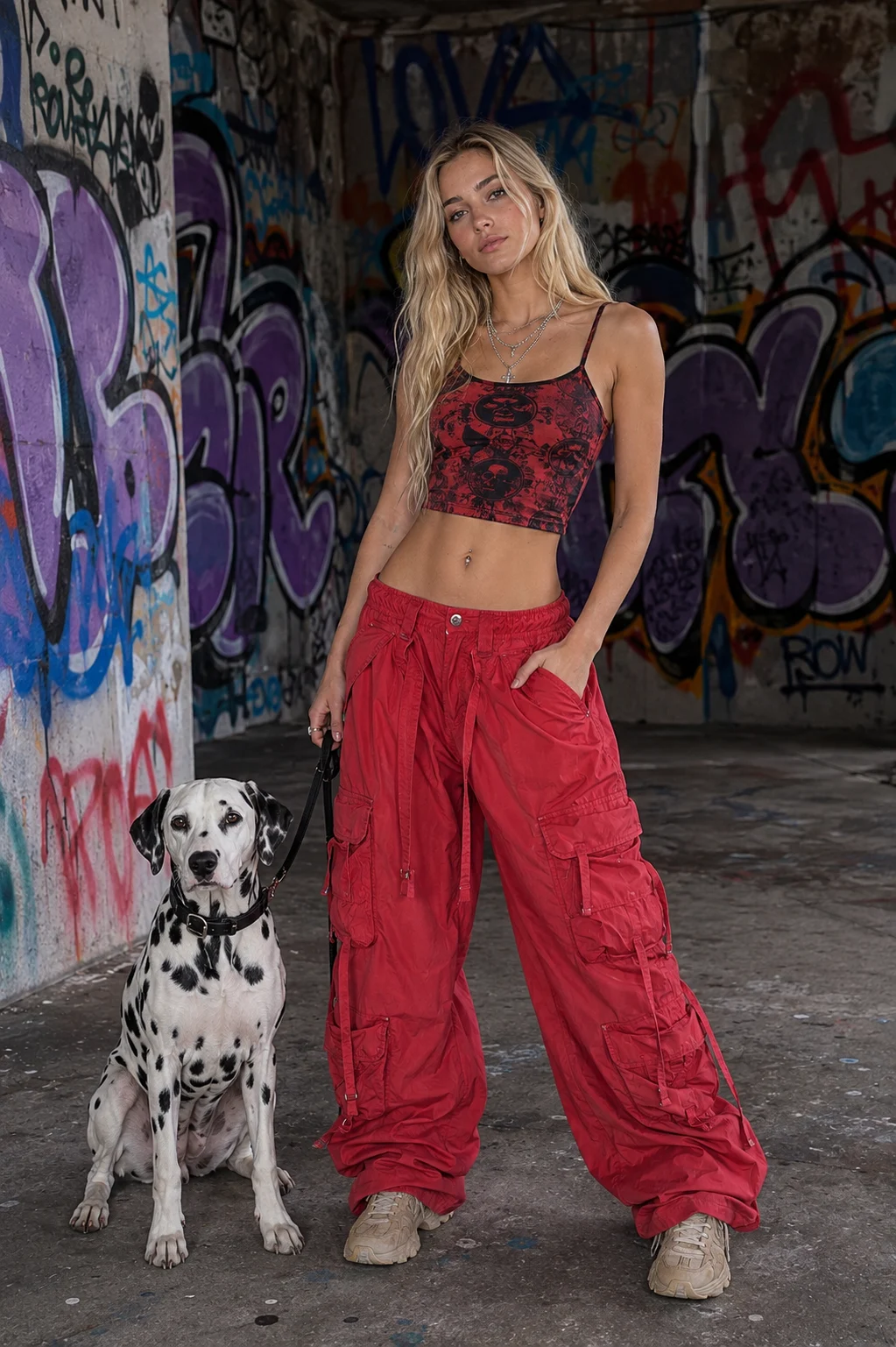 Full-body streetwear fashion portrait with red cargo pants, patterned crop top, and Dalmatian