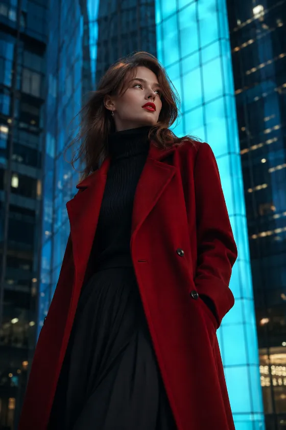 Editorial fashion portrait of a subject in a red wool coat against illuminated glass city architecture at blue hour.