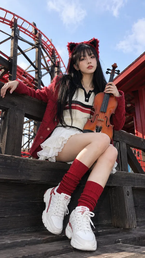 Playful fashion portrait with red jacket, ruffled white skirt, red socks, chunky sneakers, and violin