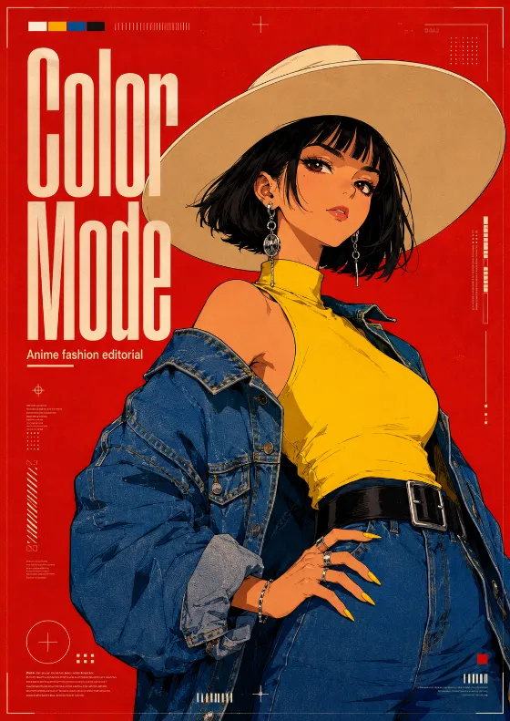 Vertical anime editorial poster featuring a cel-shaded character with cream hat, yellow top, blue denim jacket, and red background with magazine-style type.