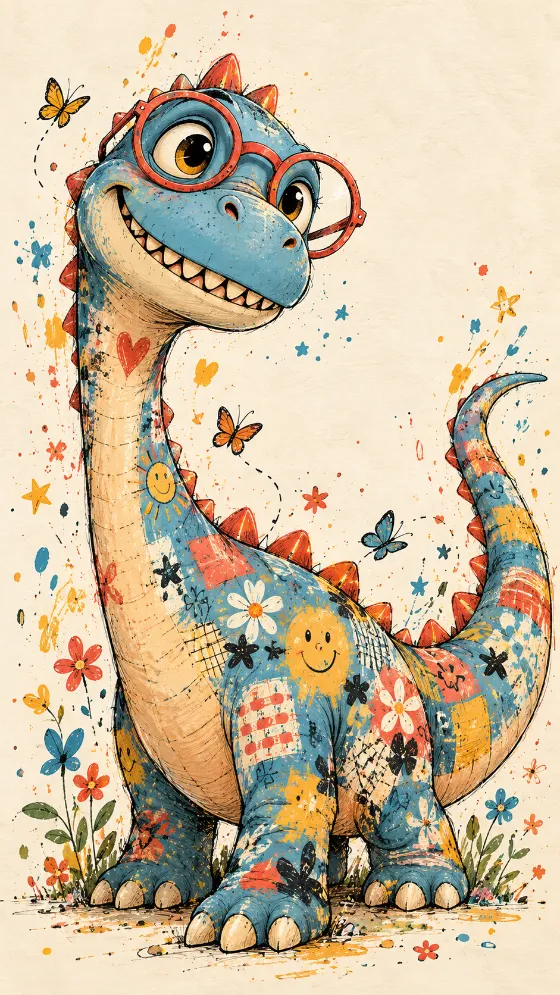 Colorful blue cartoon dinosaur with oversized red glasses and doodle details on a cream phone wallpaper.
