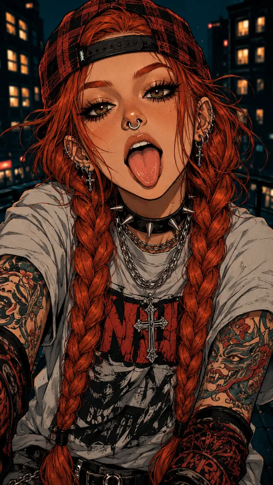 Punk streetwear character with long red braids, plaid cap, spiked choker, chains, and graphic shirt
