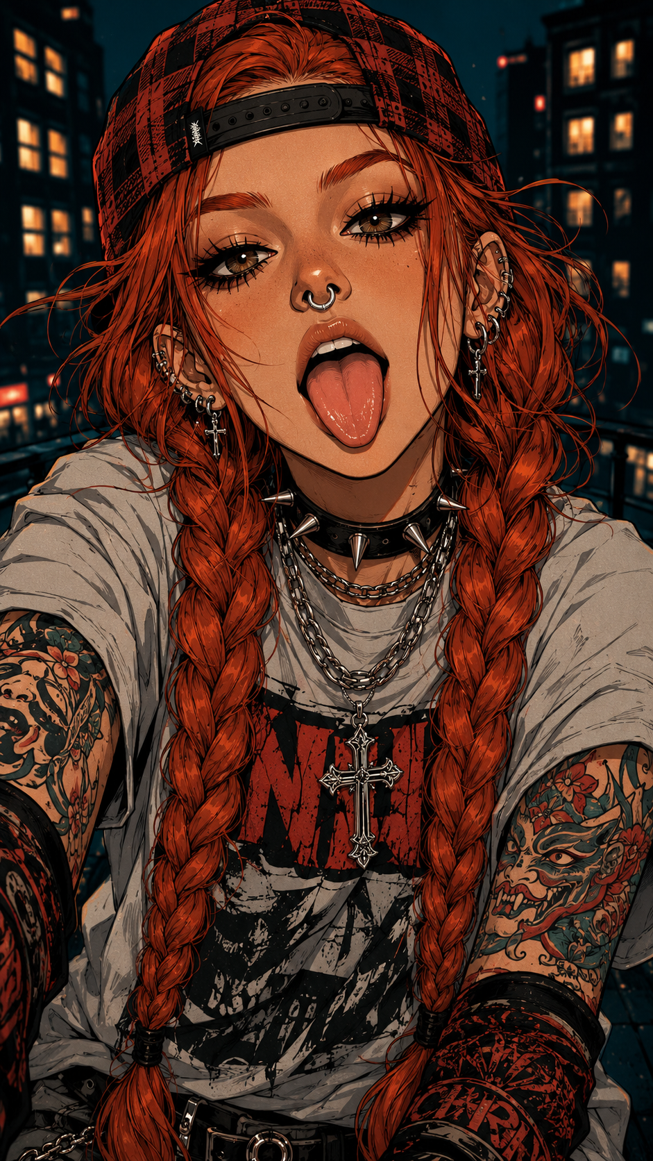 Punk streetwear character with long red braids, plaid cap, spiked choker, chains, and graphic shirt