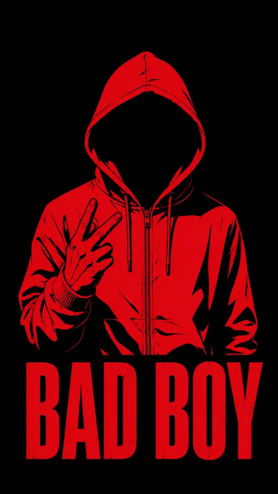 Faceless figure in a red hooded sweatshirt with BAD BOY text on a black phone wallpaper