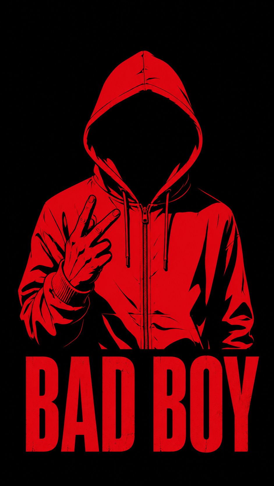 Faceless figure in a red hooded sweatshirt with BAD BOY text on a black phone wallpaper