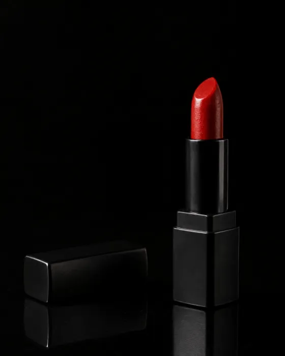 Red lipstick tube and detached black cap arranged on a reflective black tabletop in a dark studio still life.