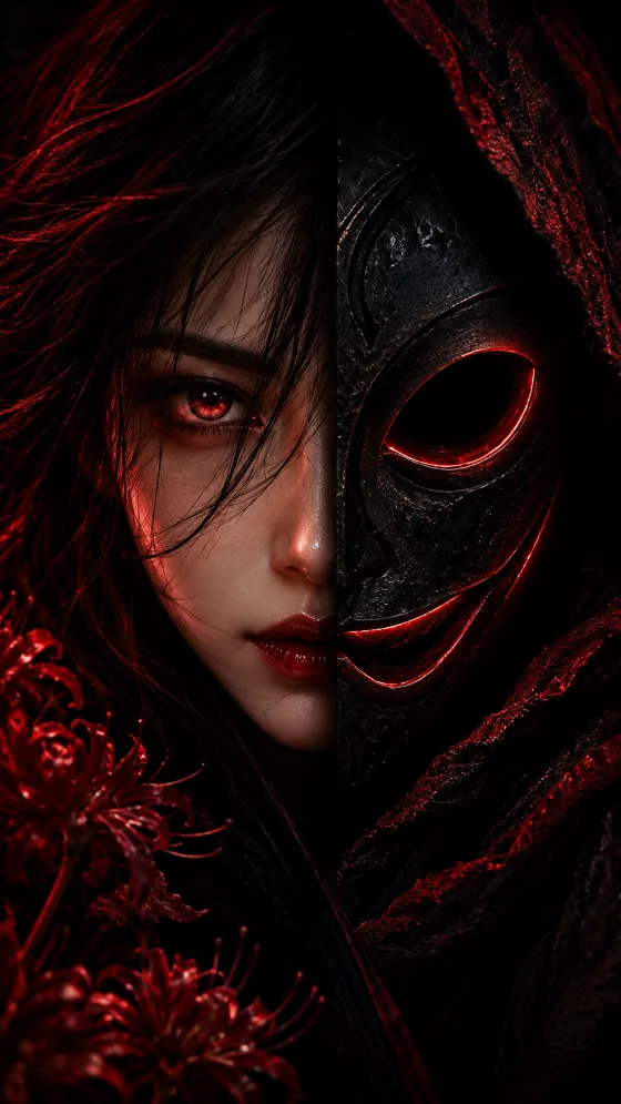 Dark phone wallpaper showing a red-lit woman's face beside a black masked figure with glowing crimson accents.