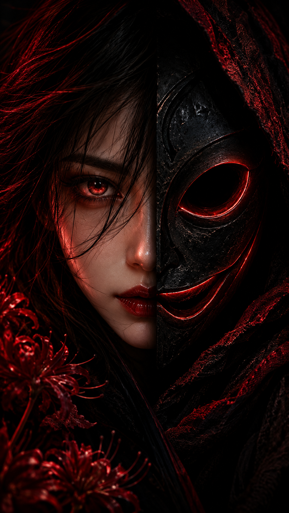Dark phone wallpaper showing a red-lit woman's face beside a black masked figure with glowing crimson accents.