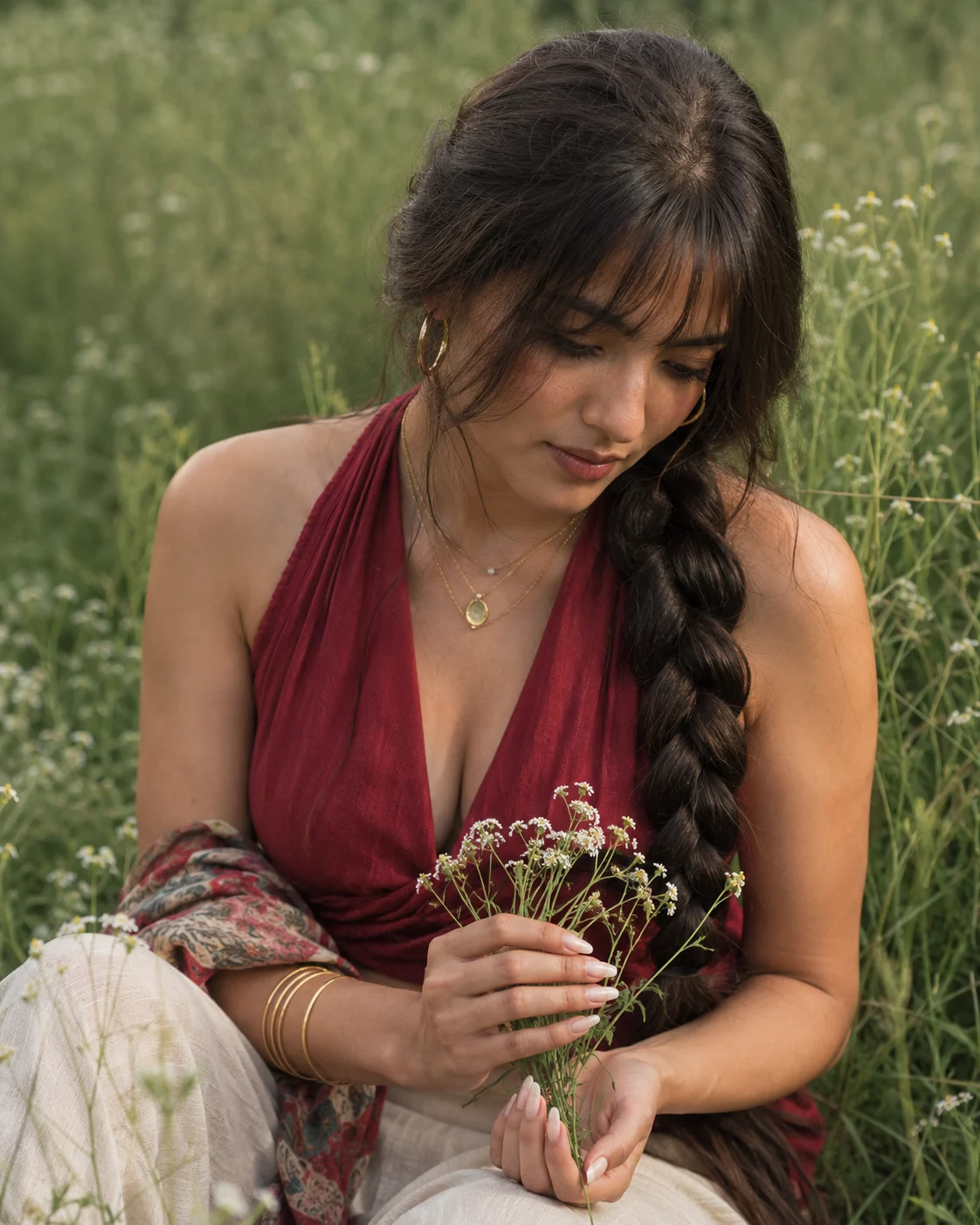 Close fashion portrait of one woman in a red sleeveless top with a long braid and gold jewelry, gently cupping white wildflowers in a meadow.