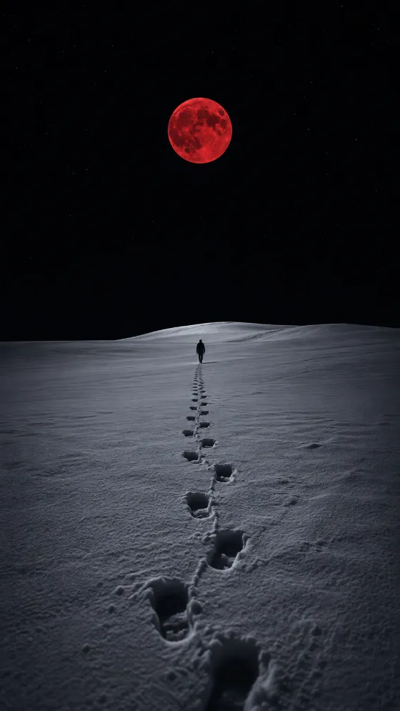 Solitary figure walking across a snowy field beneath a deep red moon at night