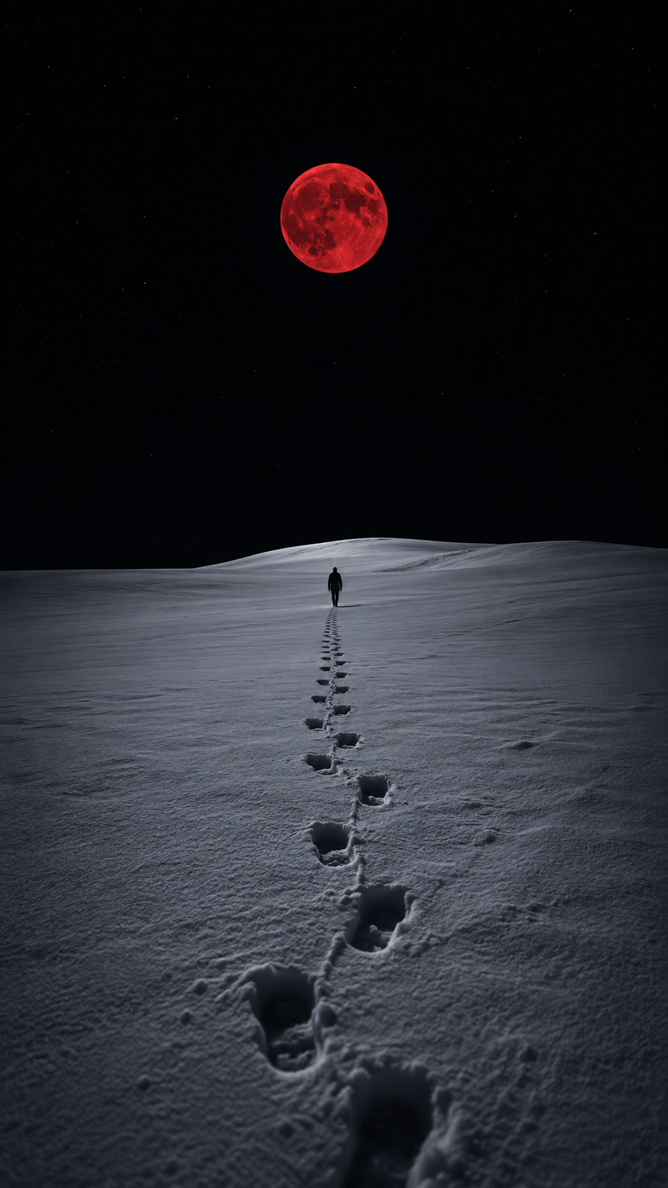 Solitary figure walking across a snowy field beneath a deep red moon at night