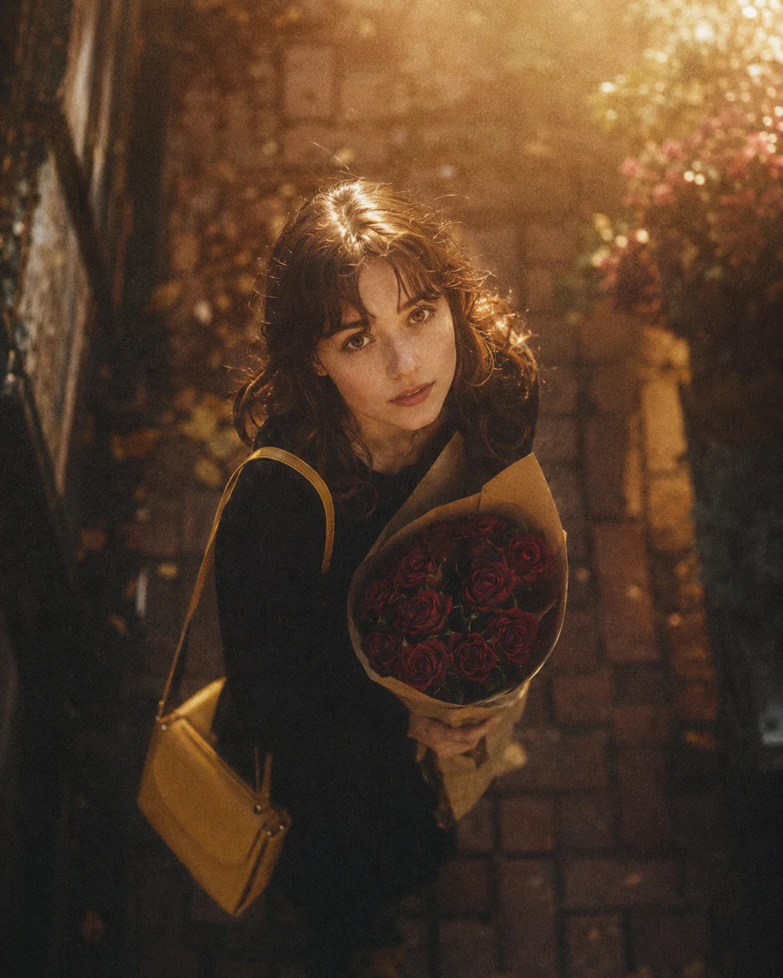 Young woman holding a red rose bouquet in warm golden light on an outdoor walkway.