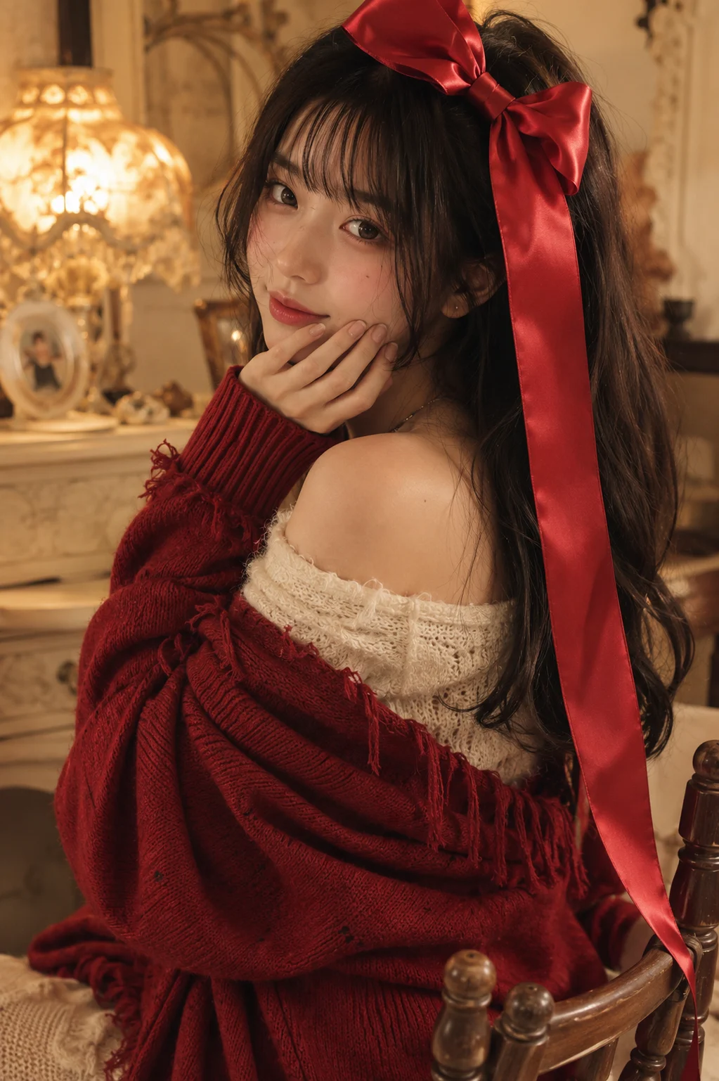 Coquette red bow fashion portrait with red ribbed cardigan, cream knit top, direct gaze, and warm vintage room lighting.