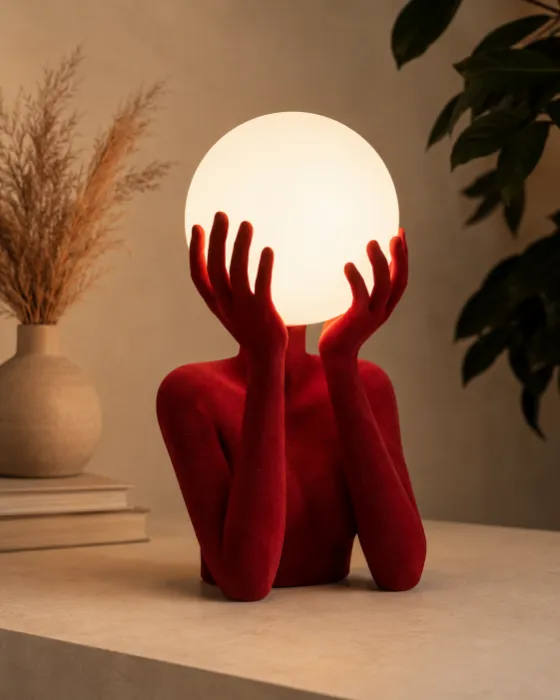 Surreal red bust-shaped lamp holding a glowing frosted globe on a pale tabletop in a warm interior.