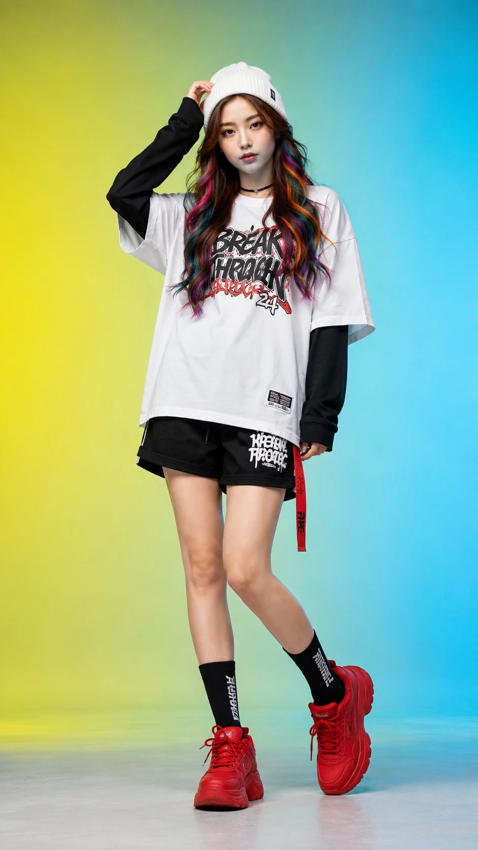 Young woman in white beanie, oversized graphic shirt, black shorts, and red sneakers posing in a colorful studio portrait.