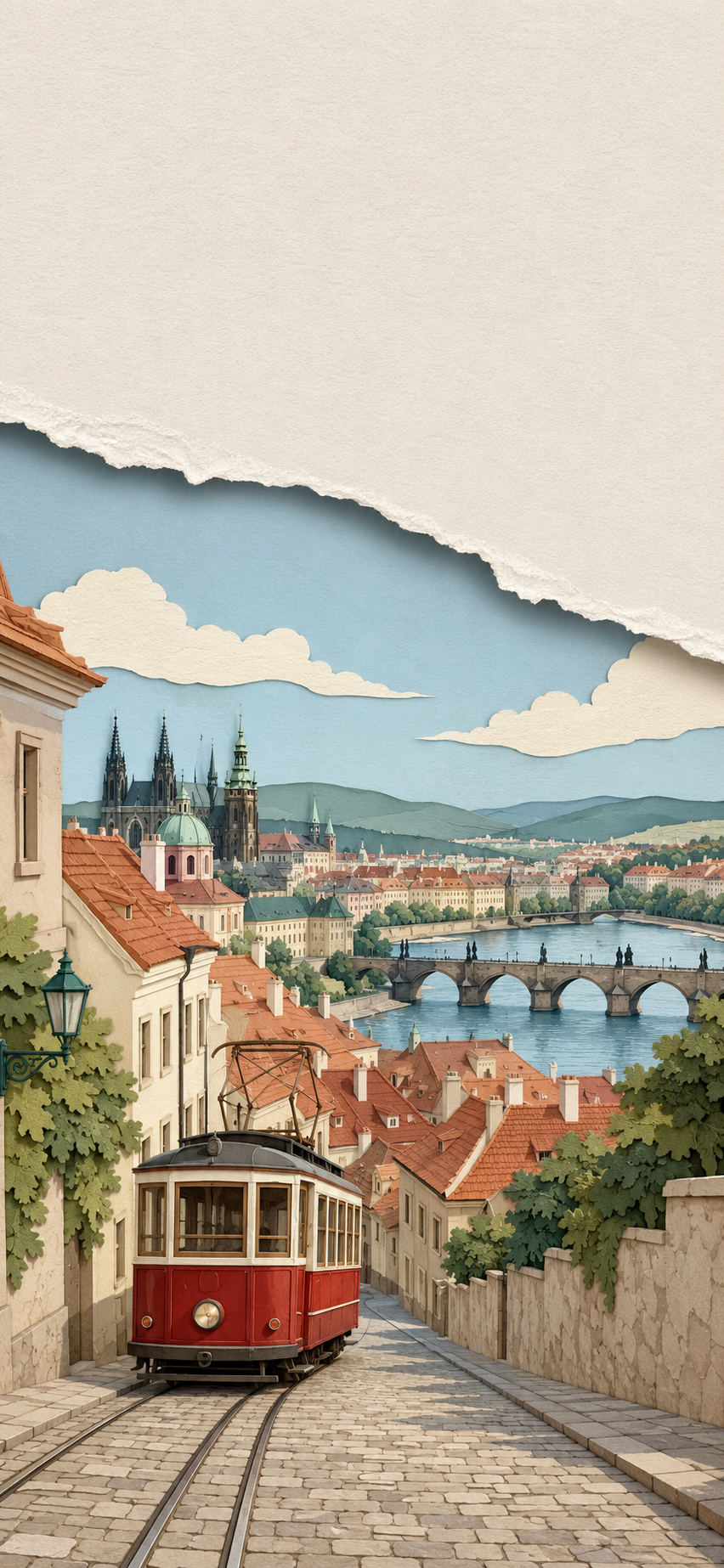 Illustrated red tram on a cobblestone hill overlooking a river bridge and historic European skyline beneath a torn-paper sky opening.