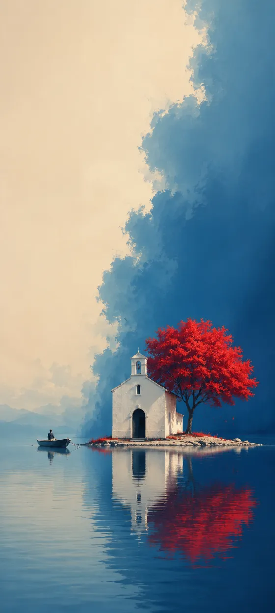 Minimal surreal wallpaper with a white lakeside house, red tree, tiny boat, blue water reflection, and cream and deep blue sky.