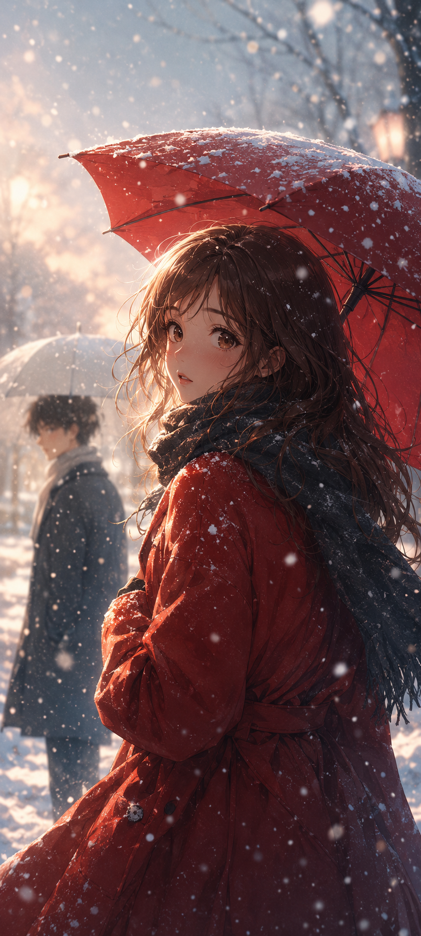 Anime winter wallpaper of a young woman in a red coat under a red umbrella with falling snow and a blurred companion behind her.