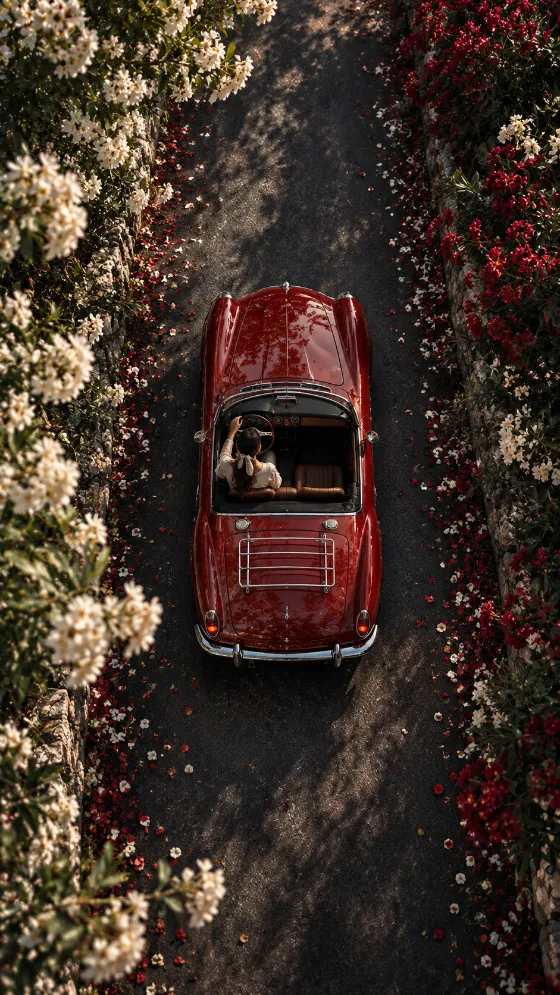 Overhead view of a glossy red vintage convertible on a dark road bordered by white and crimson flowering shrubs.