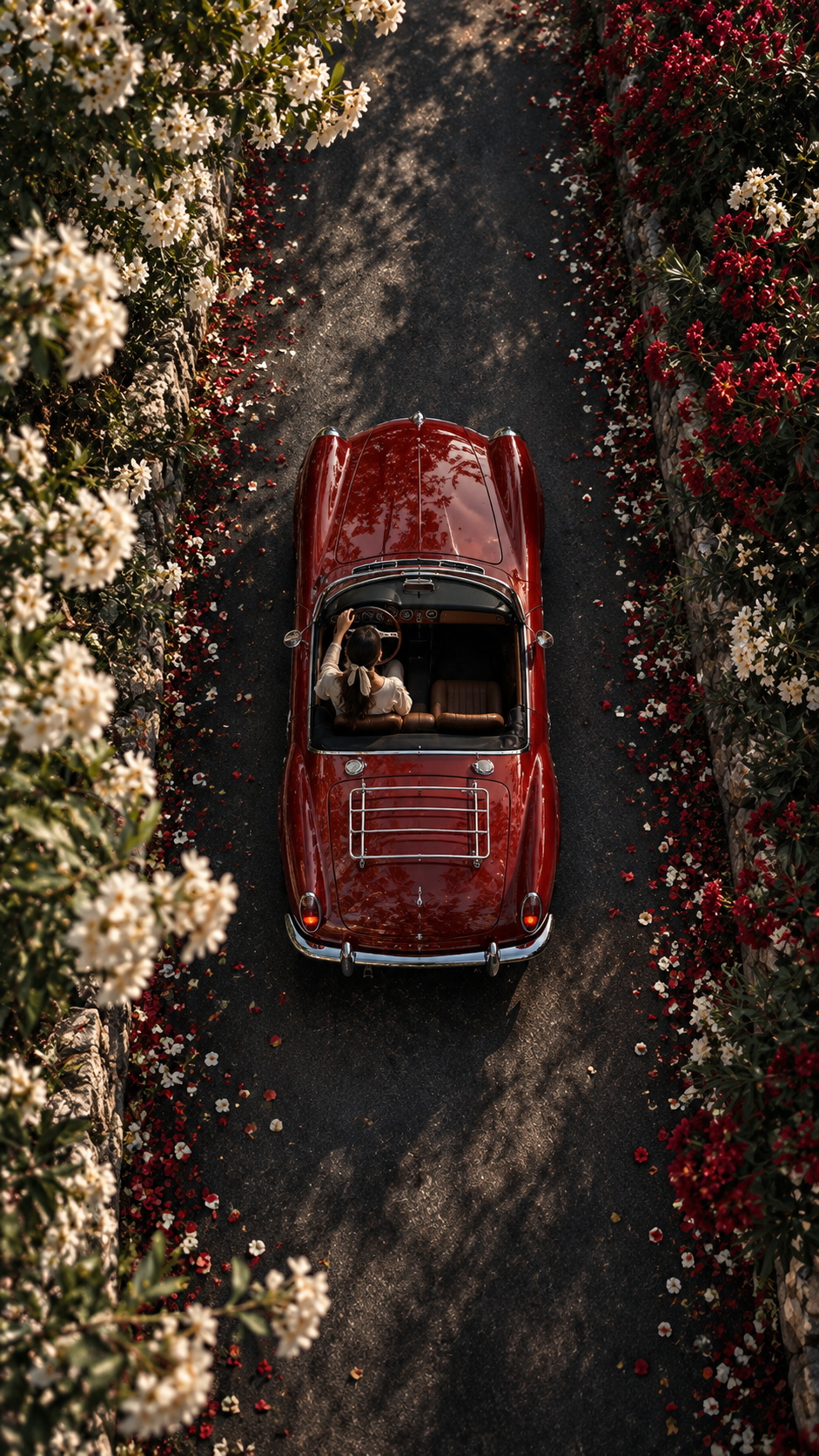 Overhead view of a glossy red vintage convertible on a dark road bordered by white and crimson flowering shrubs.