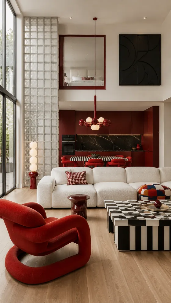 Red and white living room with sculptural red chair, glass block partition, burgundy kitchen, and black marble backsplash.
