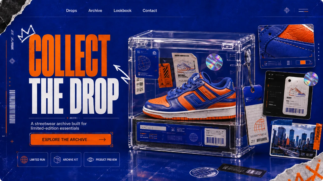 Transparent sneaker archive display case with blue-orange collectible shoe, tags, stickers, barcode labels, and product cards on a modern landing page hero layout.