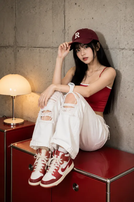 Vertical streetwear editorial with red top, white ripped jeans, burgundy cap, and coordinated high-top sneakers.