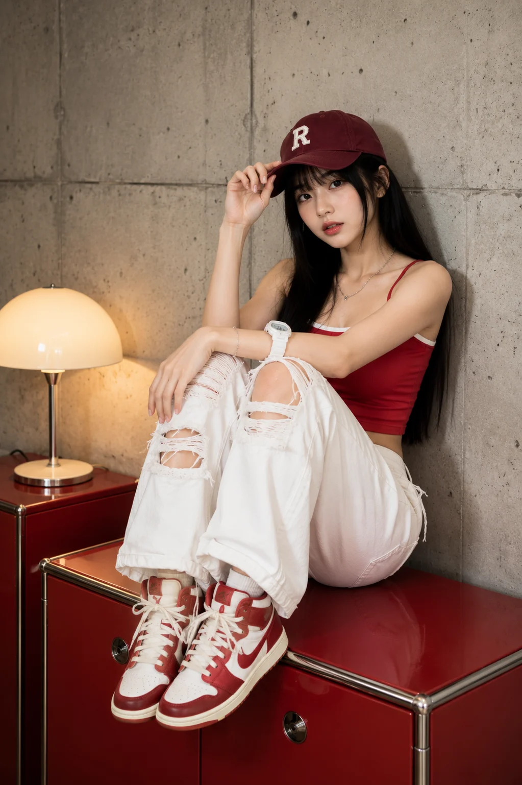 Vertical streetwear editorial with red top, white ripped jeans, burgundy cap, and coordinated high-top sneakers.