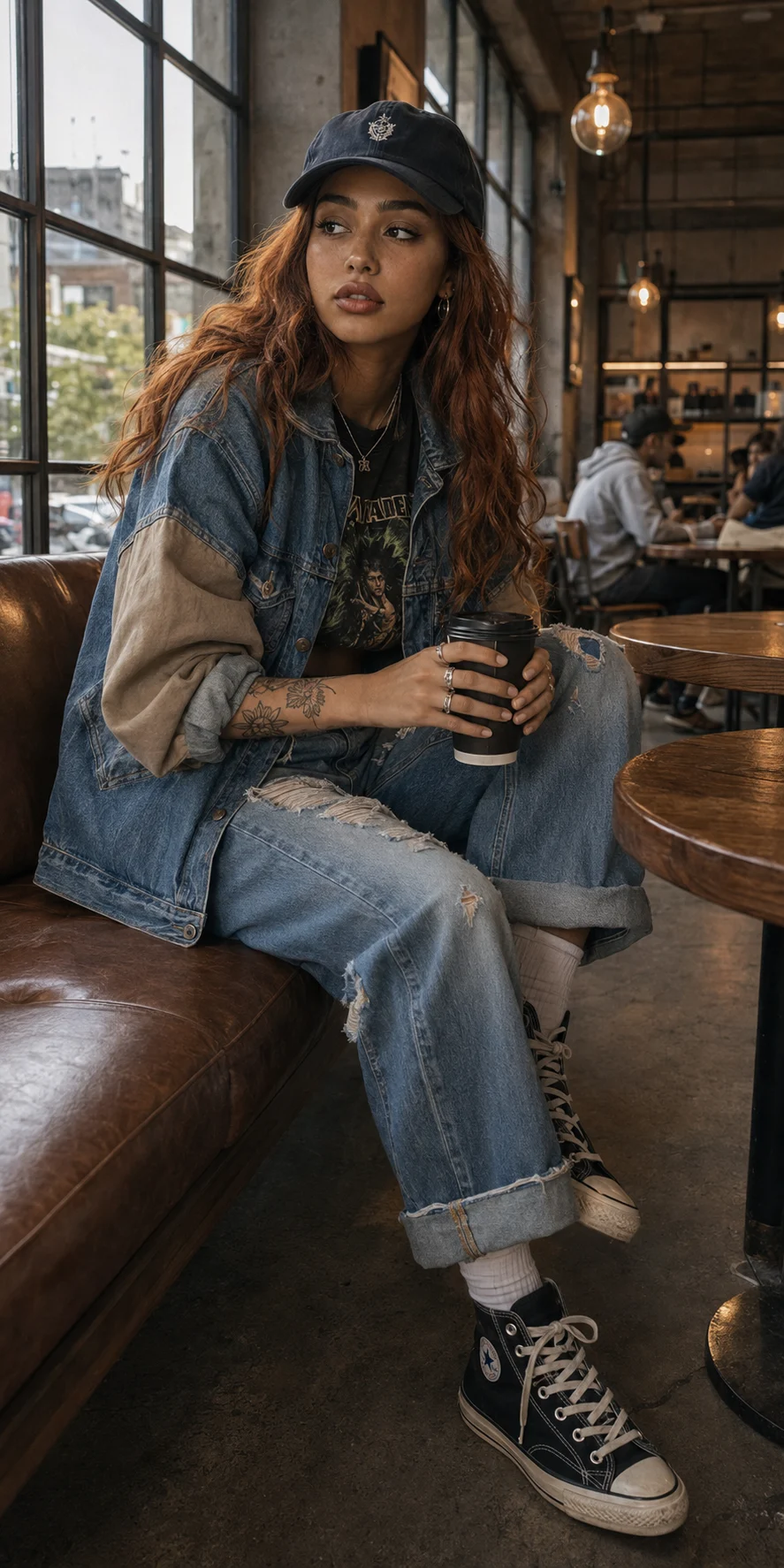 Environmental café portrait of a woman holding coffee in a leather booth with pendant lights, tall windows and softly blurred patrons.