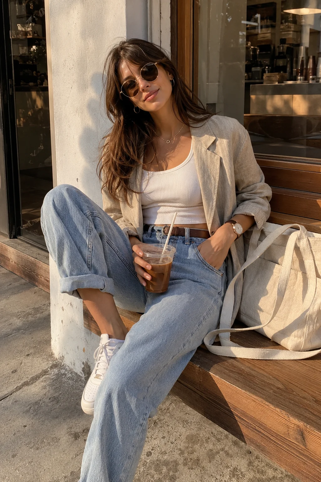 Woman with long brown hair sits outside a café wearing an oversized beige blazer, white crop top, loose jeans, sunglasses, and white sneakers.