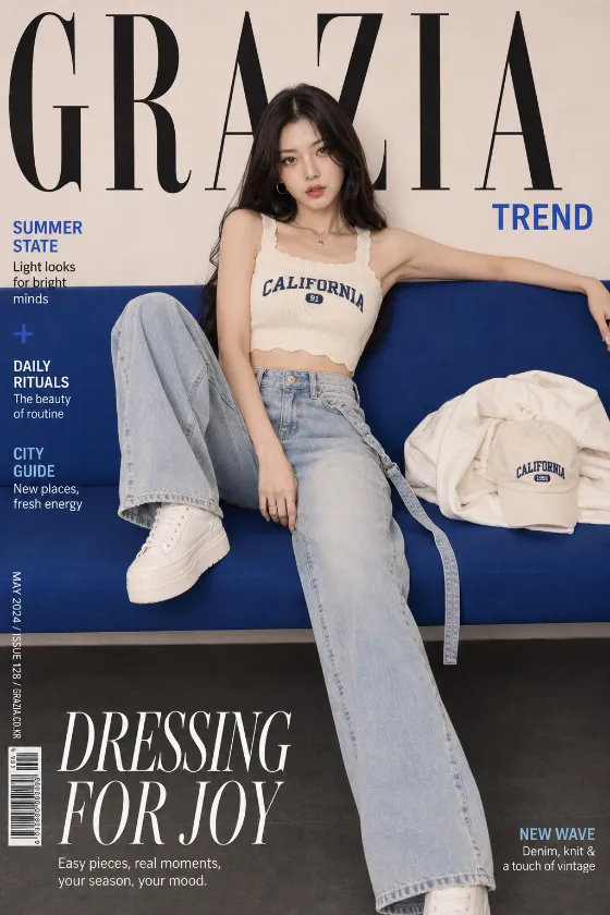 Fashion subject in a cream cropped knit top and wide-leg jeans seated on a cobalt-blue bench with one knee raised, white sneakers, and editorial typography.