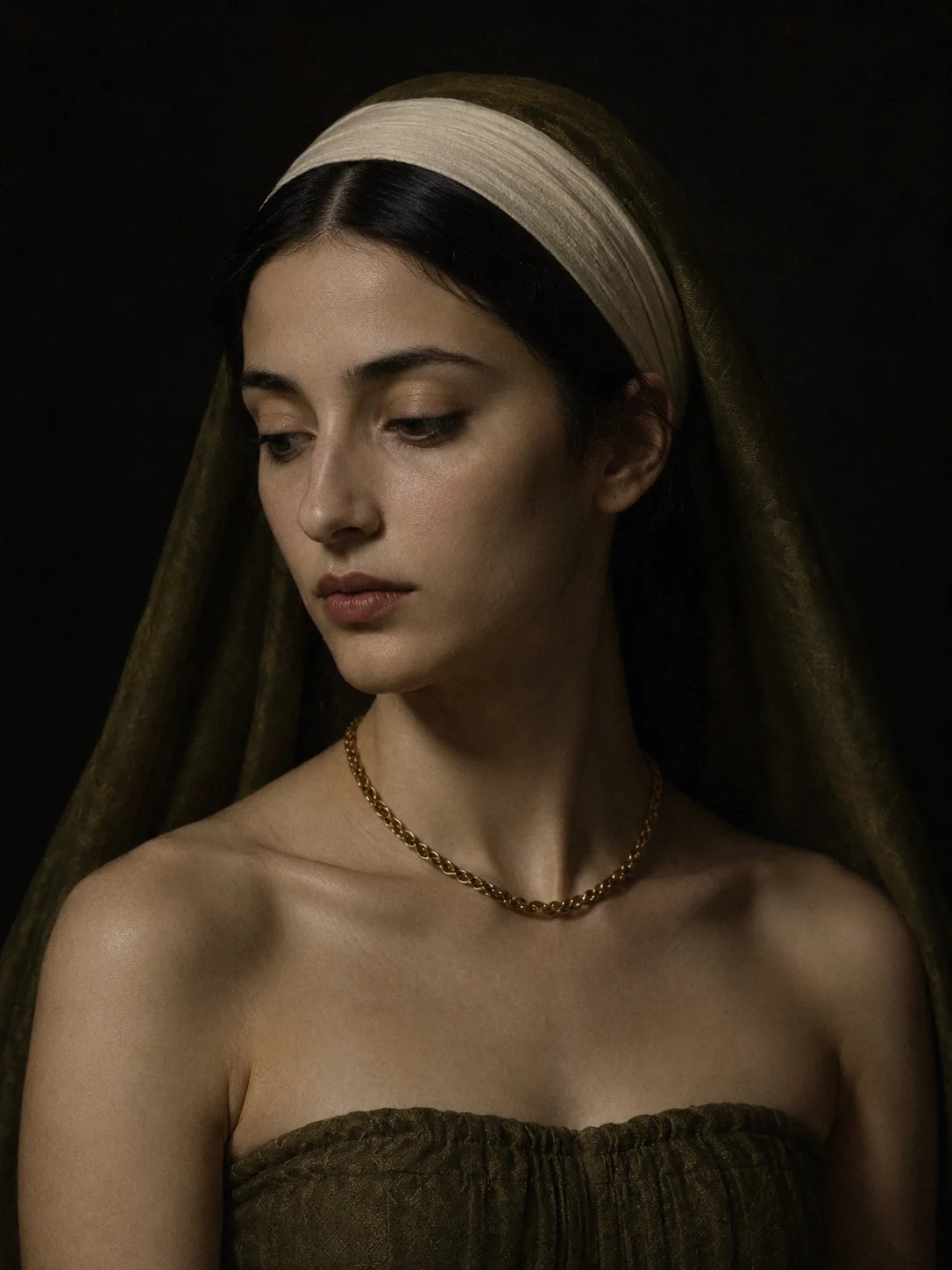 Renaissance-inspired fashion portrait with an olive veil, ivory headband, lowered gaze, and dramatic black studio backdrop.