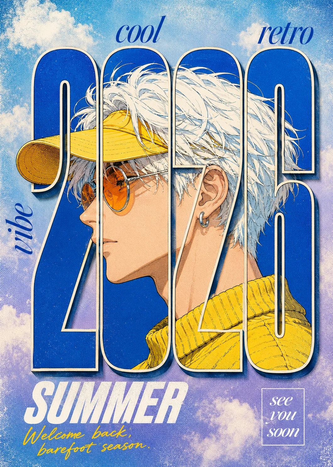 Vertical retro poster with giant 2026 numerals framing a white-haired illustrated character in amber sunglasses and yellow clothing.