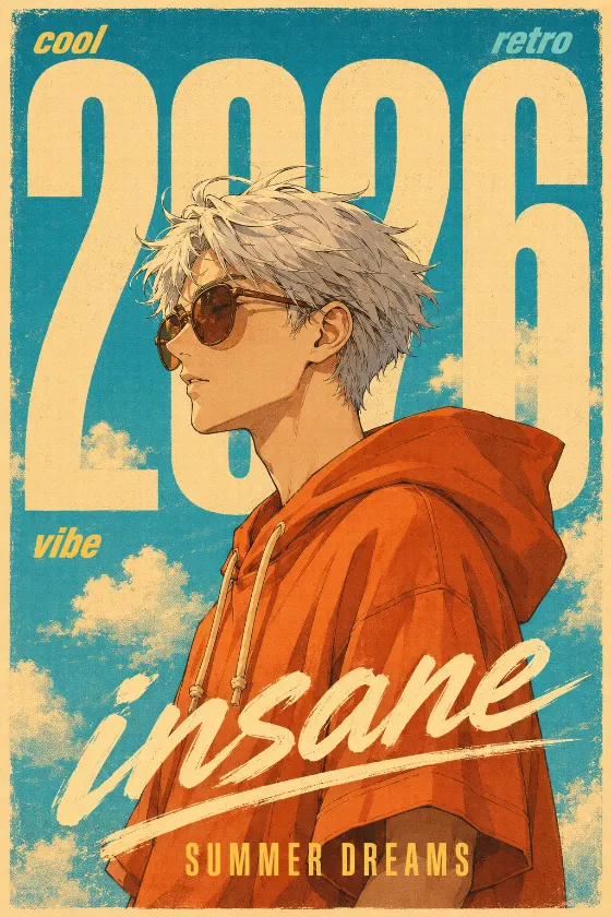 Vertical vintage-style anime poster featuring a silver-haired character, orange hoodie, blue sky, clouds, and large cream year typography.