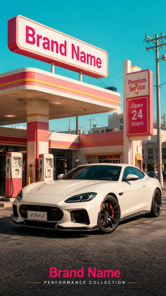 White sports coupe at a retro-modern service station with pastel turquoise and pink architecture, vertical editorial car poster.