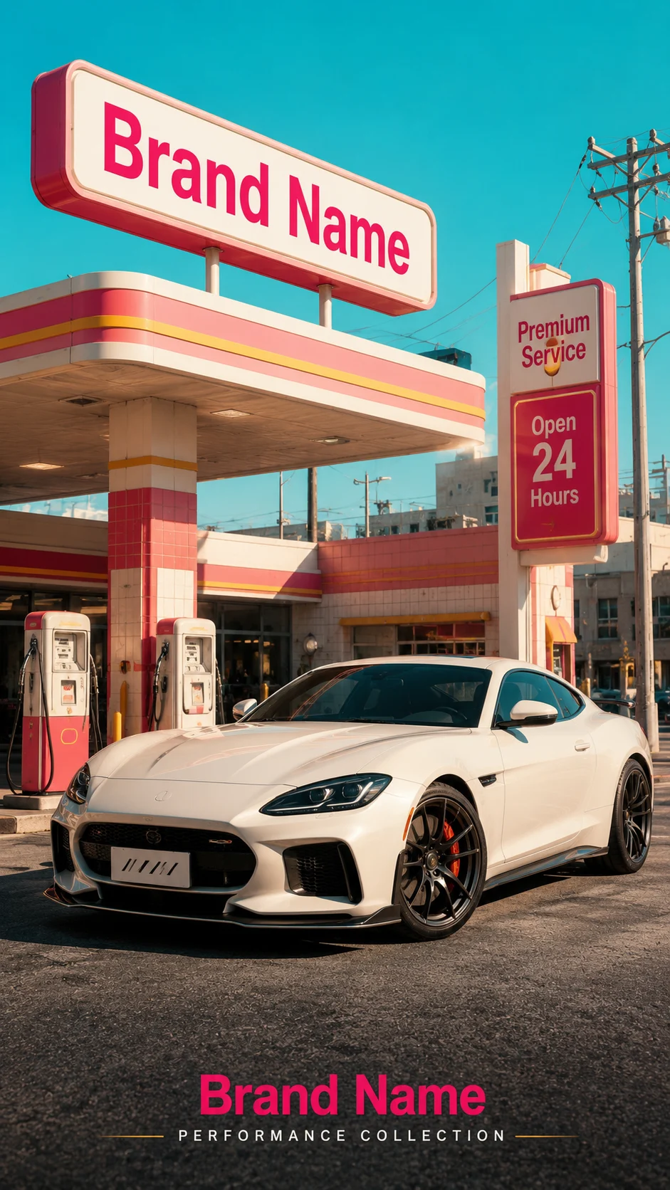 White sports coupe at a retro-modern service station with pastel turquoise and pink architecture, vertical editorial car poster.